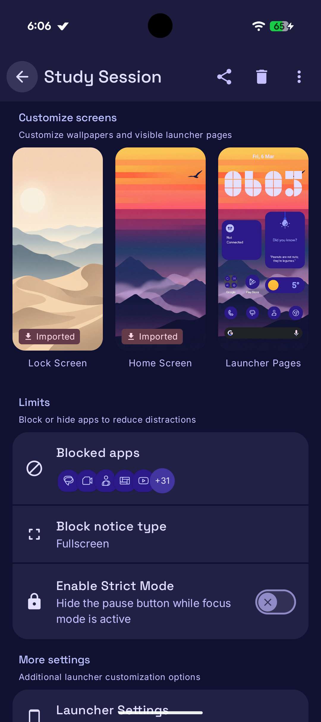 Mode customization screen with wallpaper previews, blocked apps, and strict mode toggle