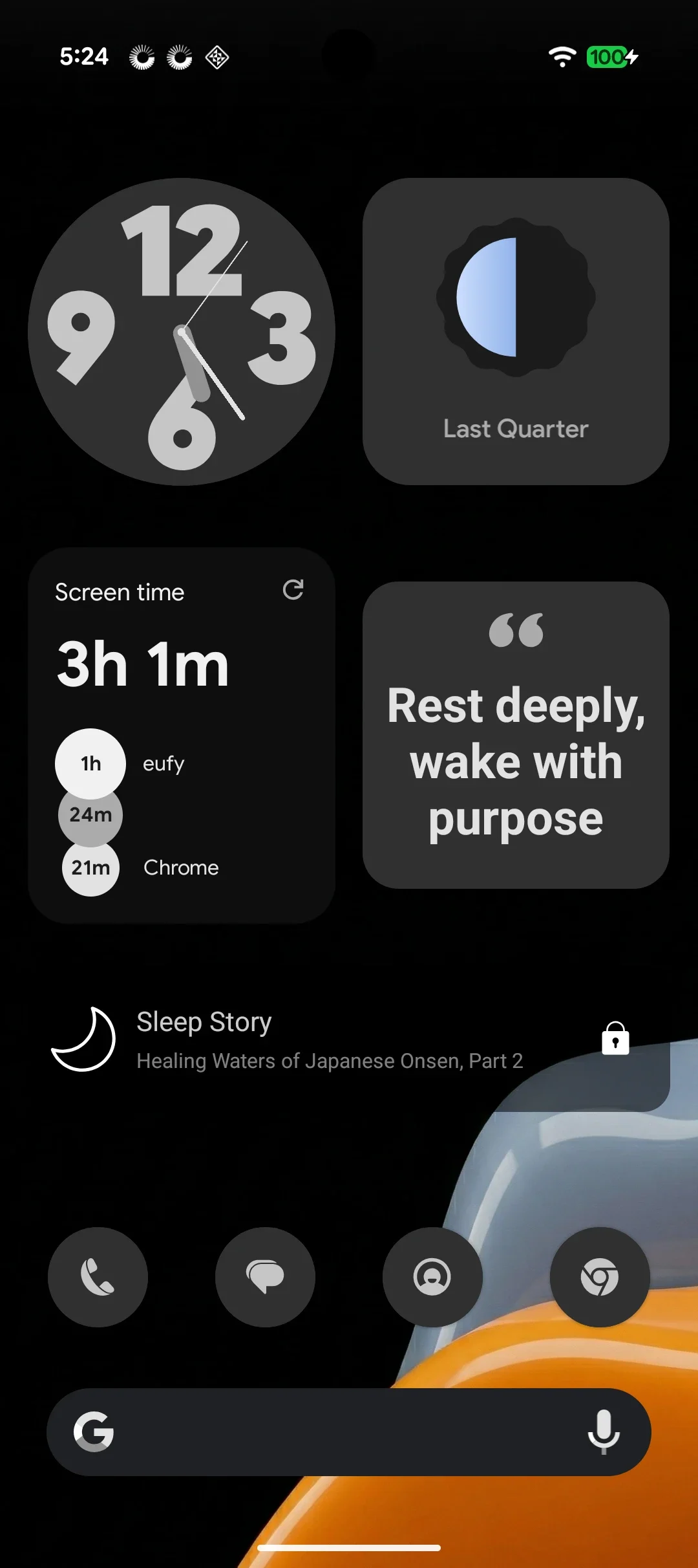Sleep mode homescreen at 05:24: a dark clock face, the moon phase, screen time and “Rest deeply, wake with purpose”.
